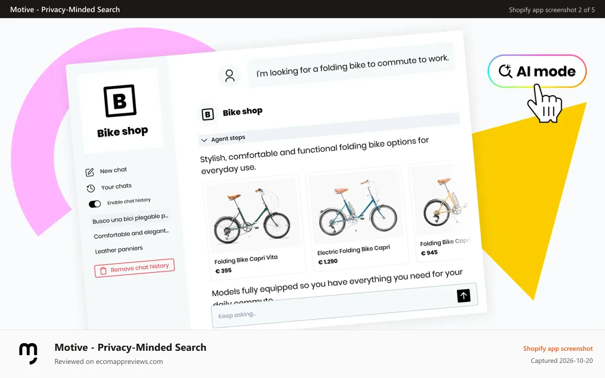 Motive ‑ Privacy‑Minded Search Shopify app screenshot: Motive Commerce Search AI Mode