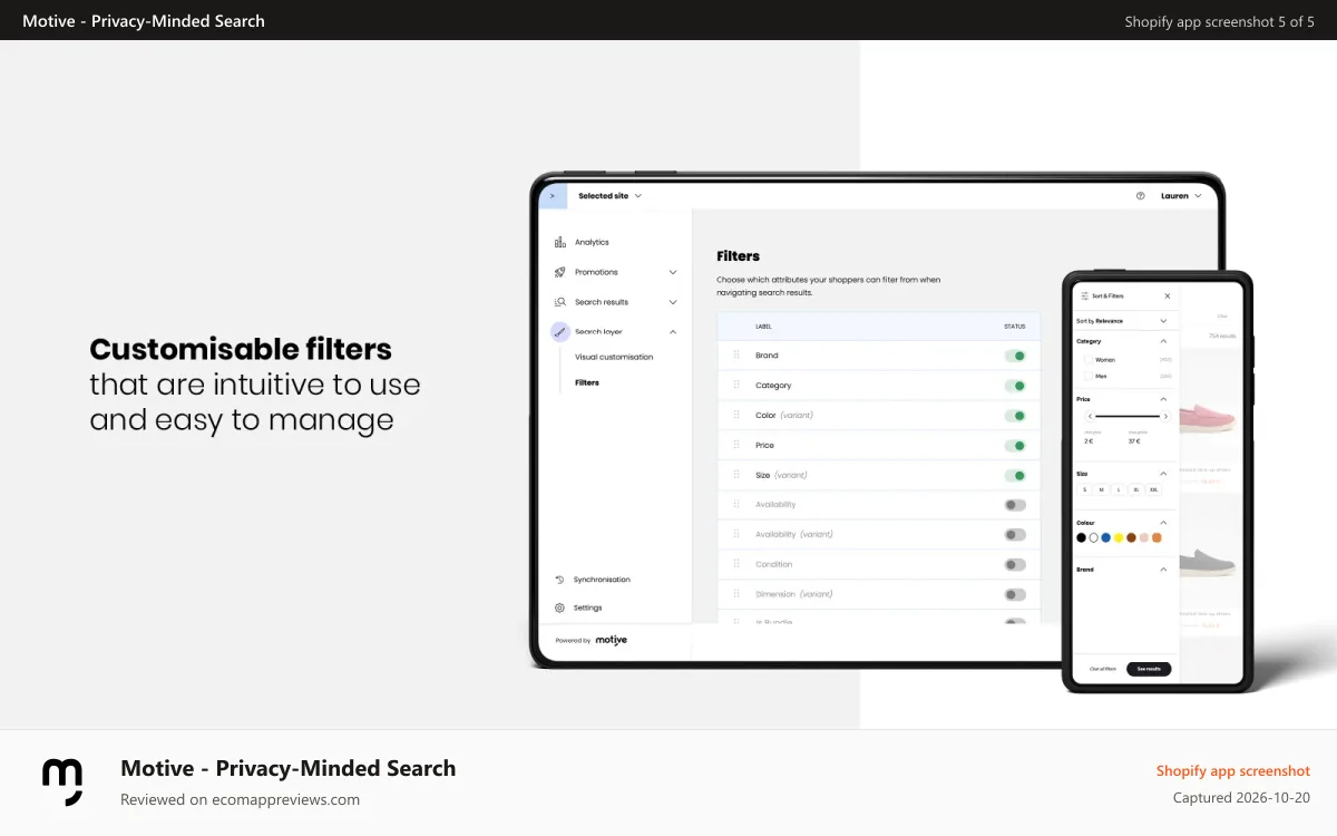 Motive ‑ Privacy‑Minded Search Shopify app screenshot: Motive Commerce Search Filters
