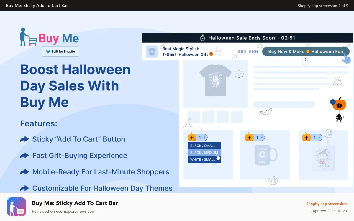 Buy Me: Sticky Add To Cart Bar Shopify app screenshot: Buy Me - Sticky Buy Button Shopify App
