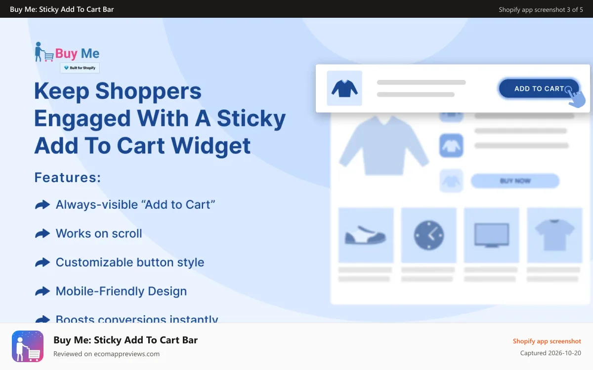 Buy Me: Sticky Add To Cart Bar Shopify app screenshot: Buy Me - Sticky Buy Button Shopify App