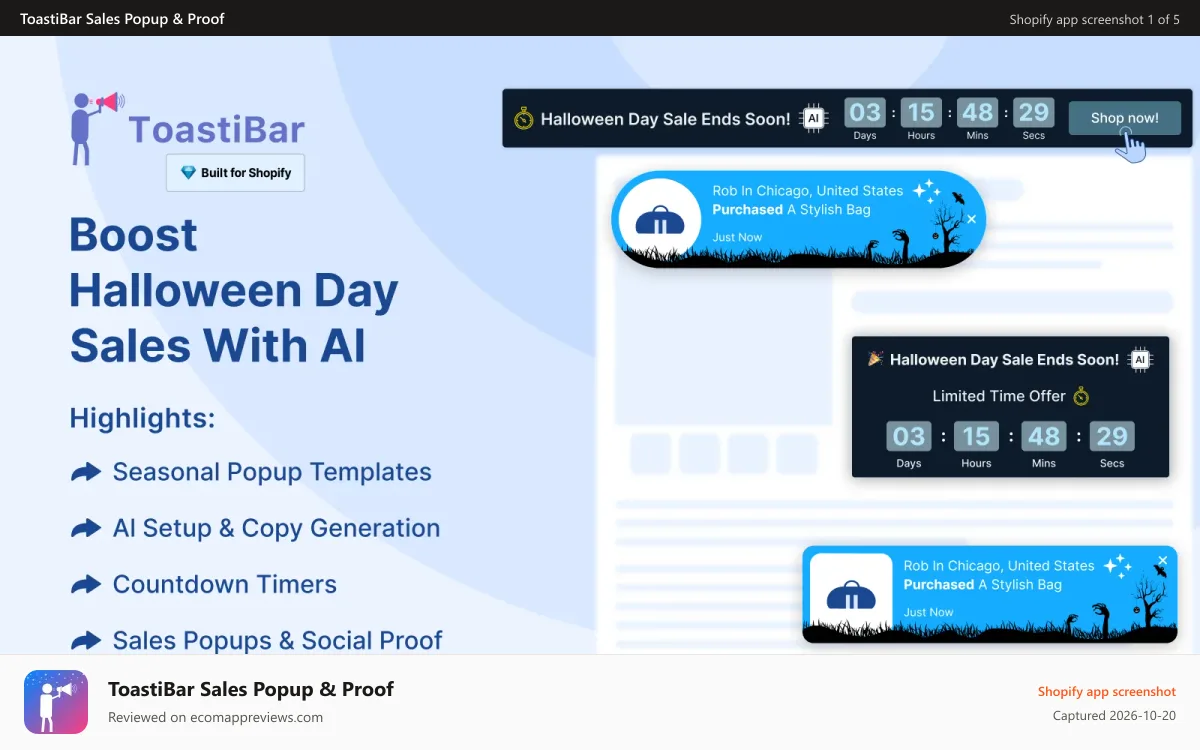 ToastiBar Sales Popup & Proof Shopify app screenshot: ToastiBar dashboard with popup templates and timer settings