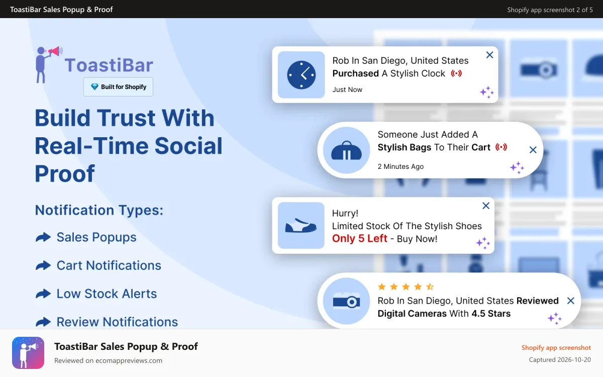 ToastiBar Sales Popup & Proof Shopify app screenshot: Desktop sales popup preview with real-time order alerts