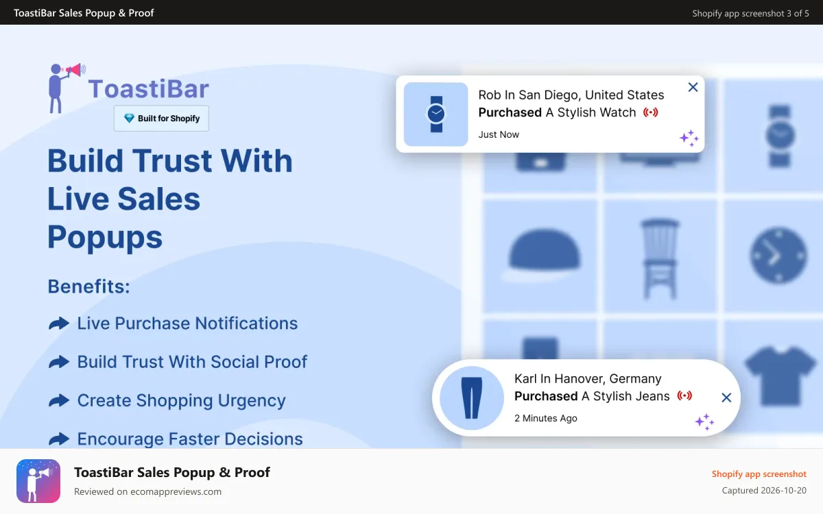 ToastiBar Sales Popup & Proof Shopify app screenshot: Desktop store view with live sales notifications