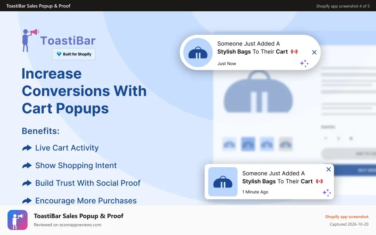 ToastiBar Sales Popup & Proof Shopify app screenshot: Desktop add-to-cart popup with real-time activity alerts