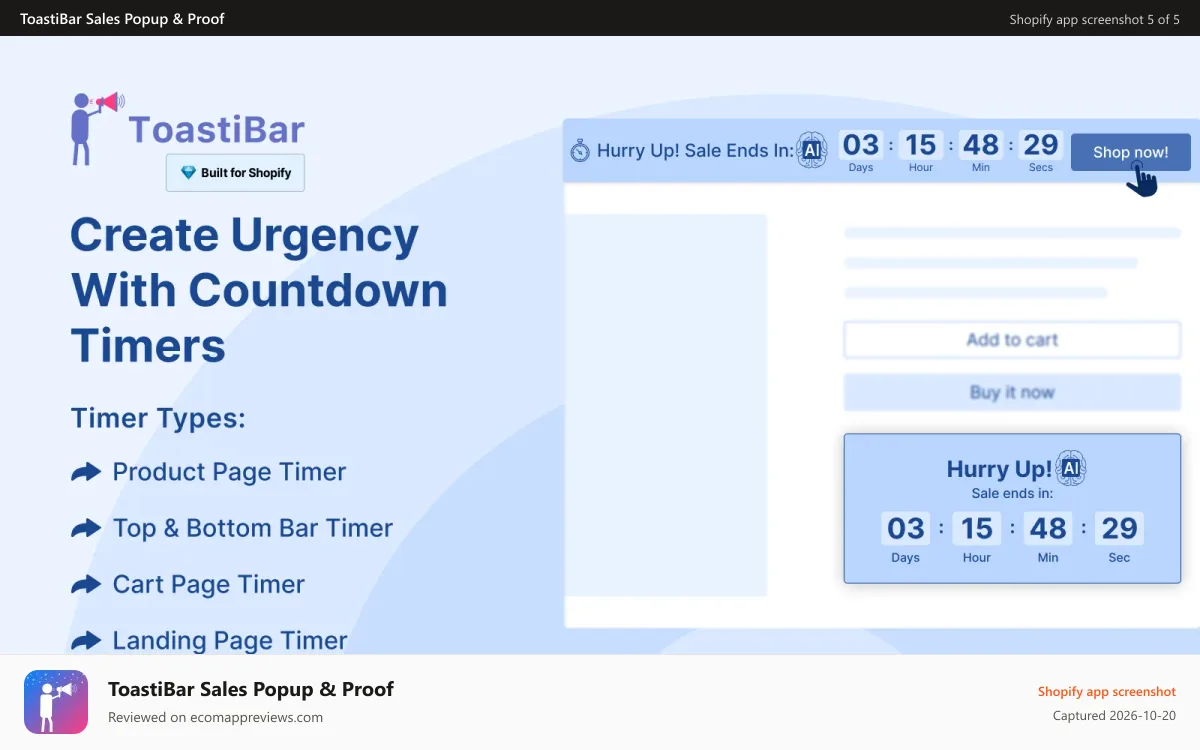 ToastiBar Sales Popup & Proof Shopify app screenshot: Desktop countdown timer campaign on a store page