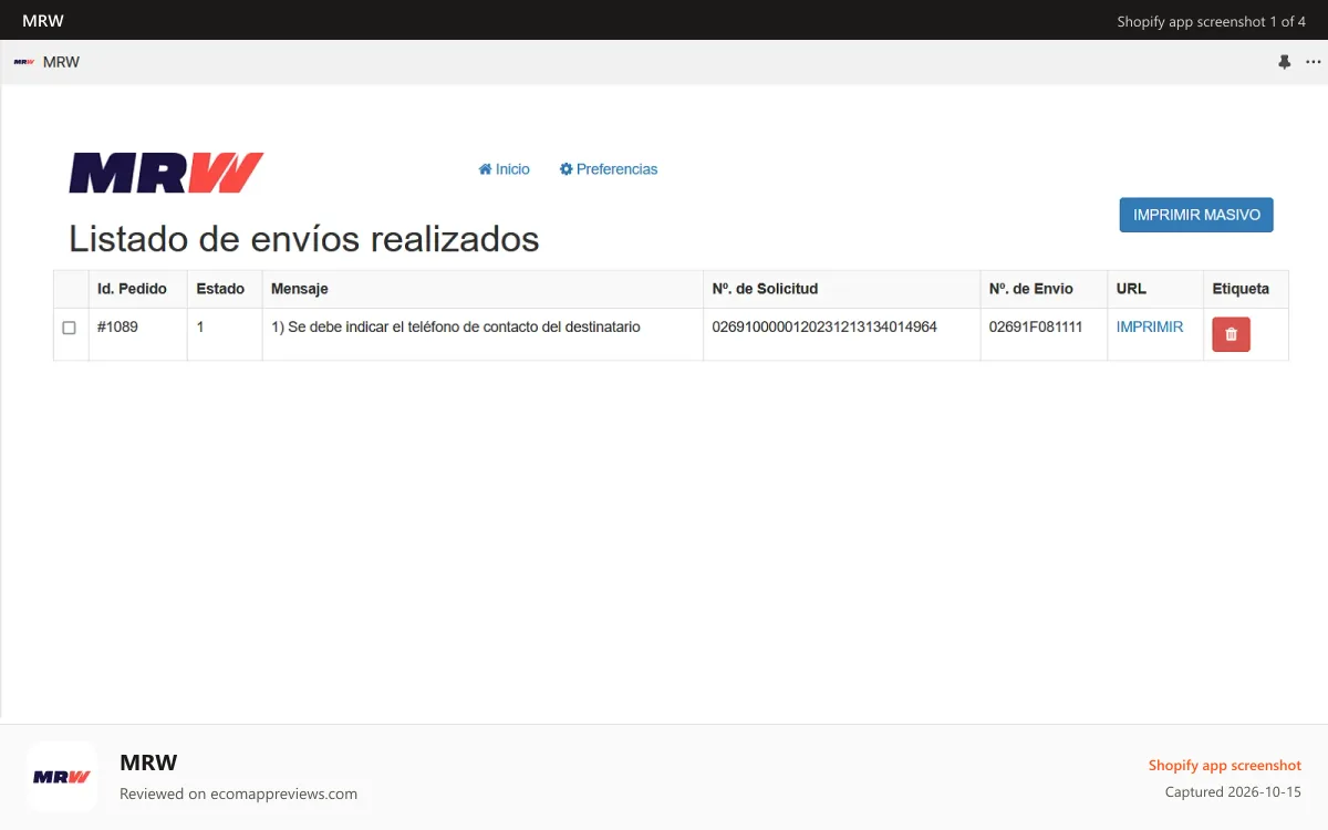 MRW Shopify app screenshot: Generación e impresión de etiquetas