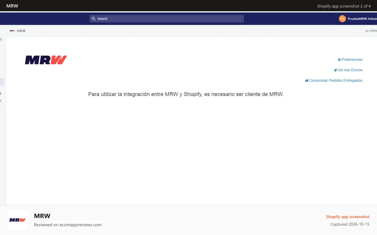 MRW Shopify app screenshot: Module home page