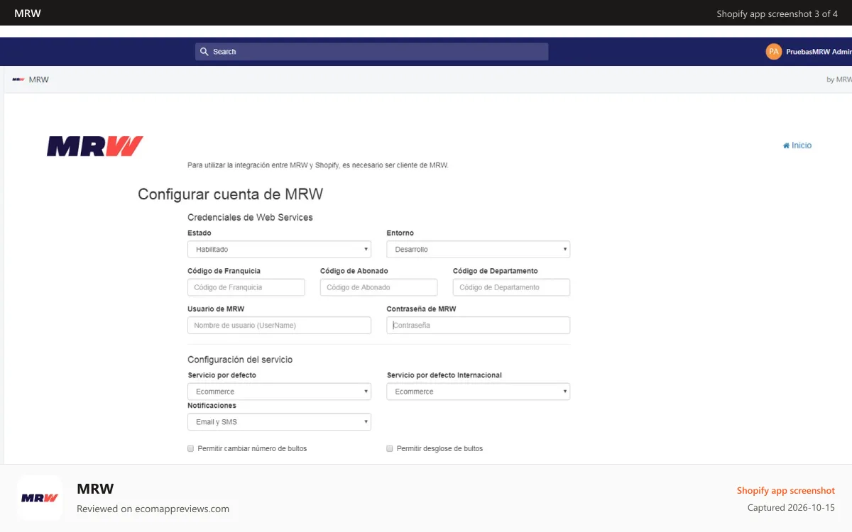 MRW Shopify app screenshot: Module Configuration Page