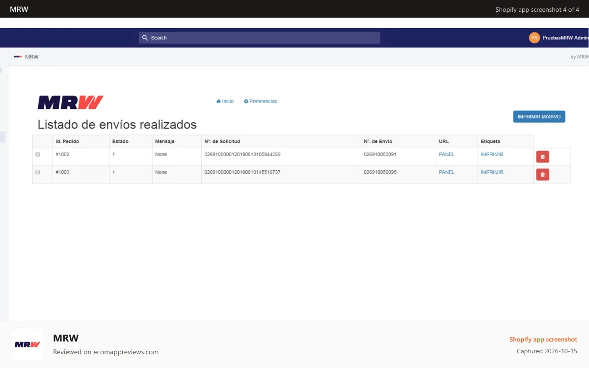 MRW Shopify app screenshot: Label generation and download page