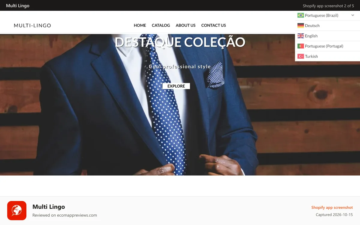 Multi Lingo Shopify app screenshot: Language selector with flags
