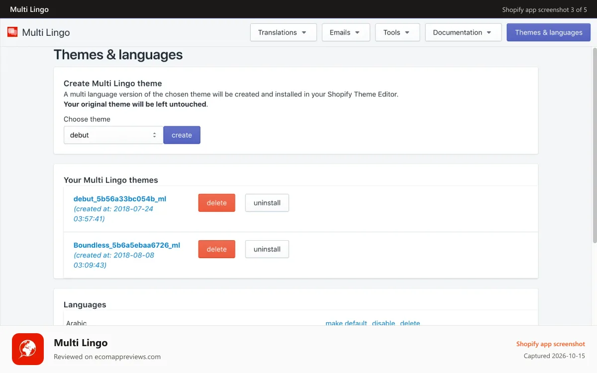 Multi Lingo Shopify app screenshot: Multi Lingo themes and language