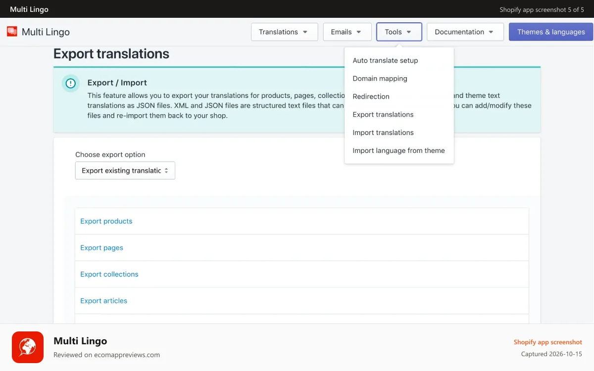 Multi Lingo Shopify app screenshot: Multi Lingo tools: Import/export, domain mapping, redirection,..