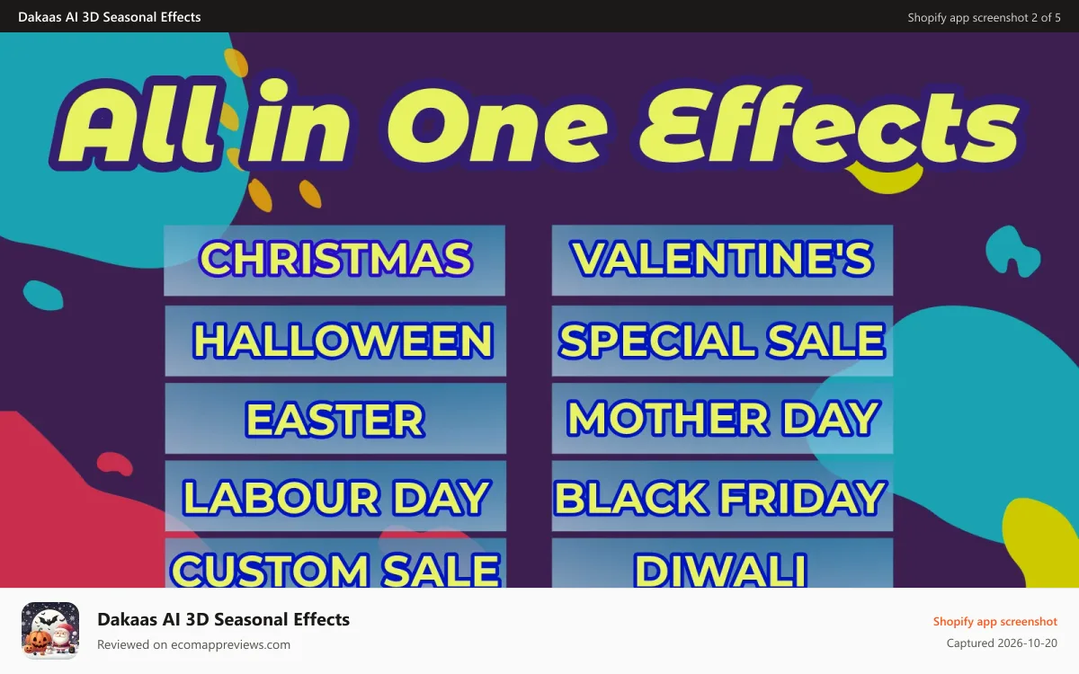Dakaas AI 3D Seasonal Effects Shopify app screenshot: Christmas effect, Mother Day Effect, Black Friday Sale, Easter