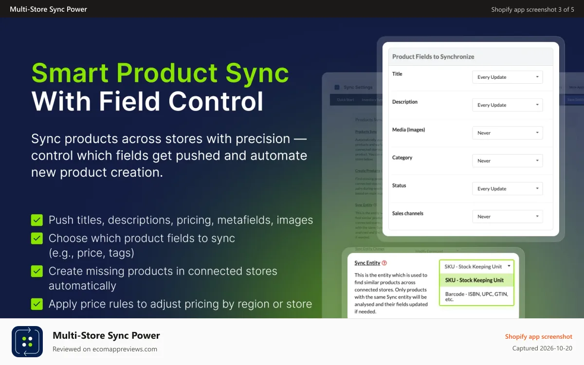 Multi‑Store Sync Power Shopify app screenshot: Sync products across stores with precision control.
