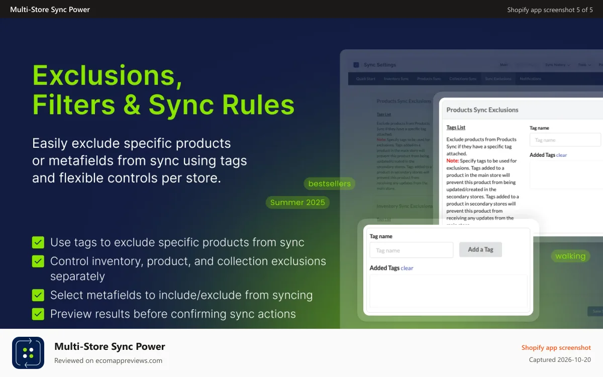 Multi‑Store Sync Power Shopify app screenshot: Easily exclude specific products or metafields from sync.