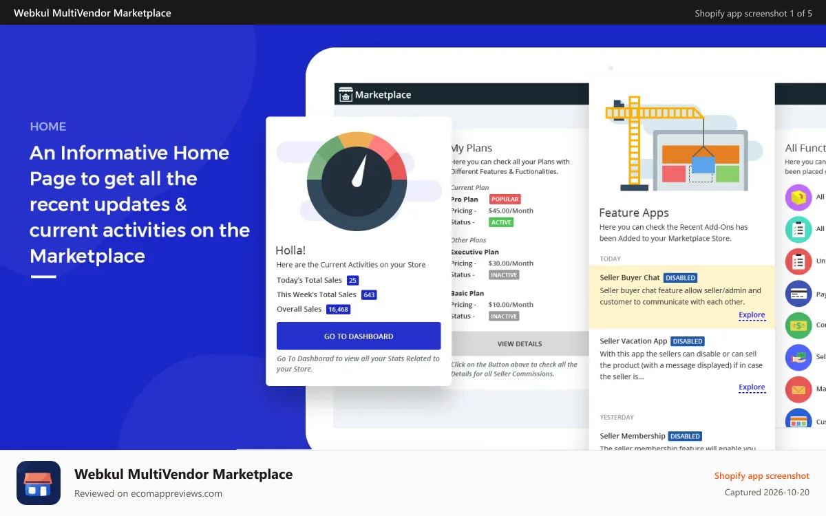 Webkul MultiVendor Marketplace Shopify app screenshot: App Home Page