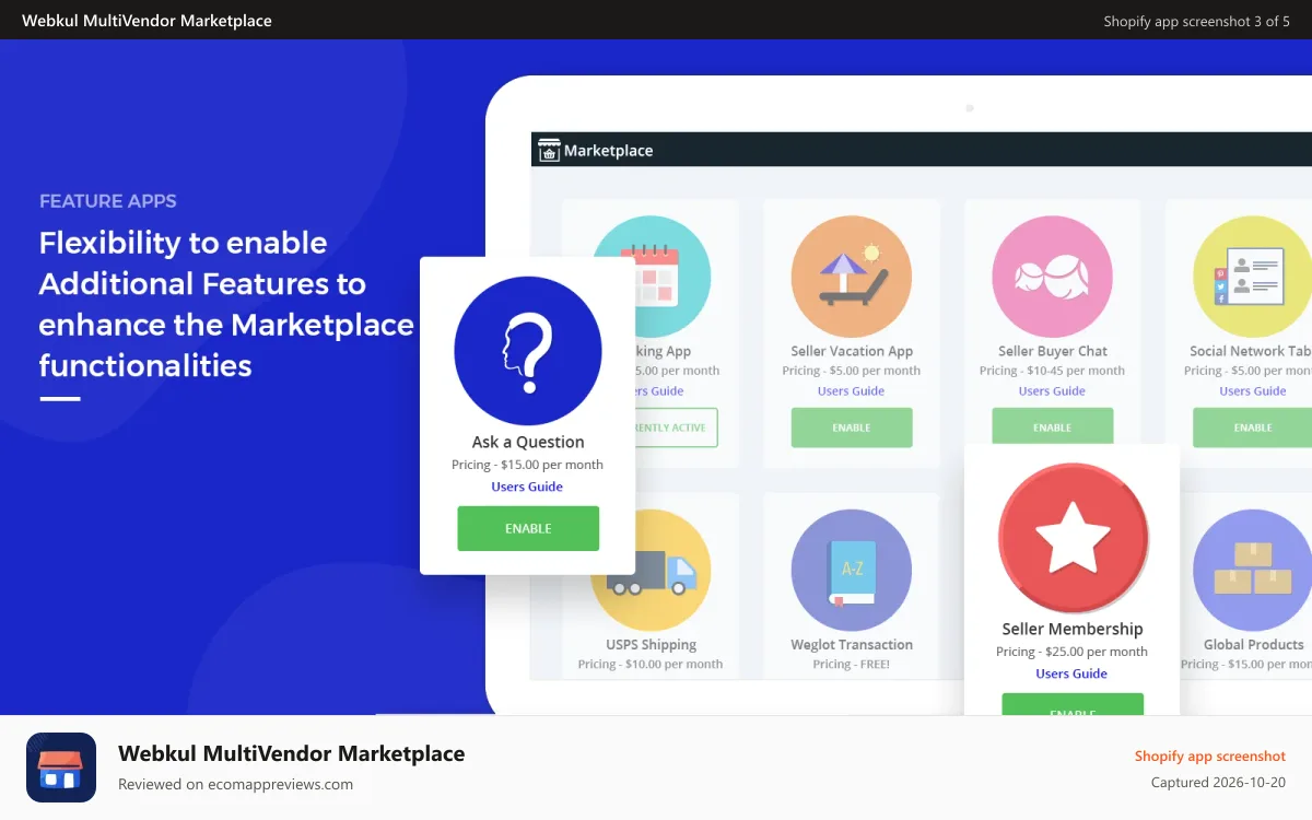 Webkul MultiVendor Marketplace Shopify app screenshot: feature apps listing