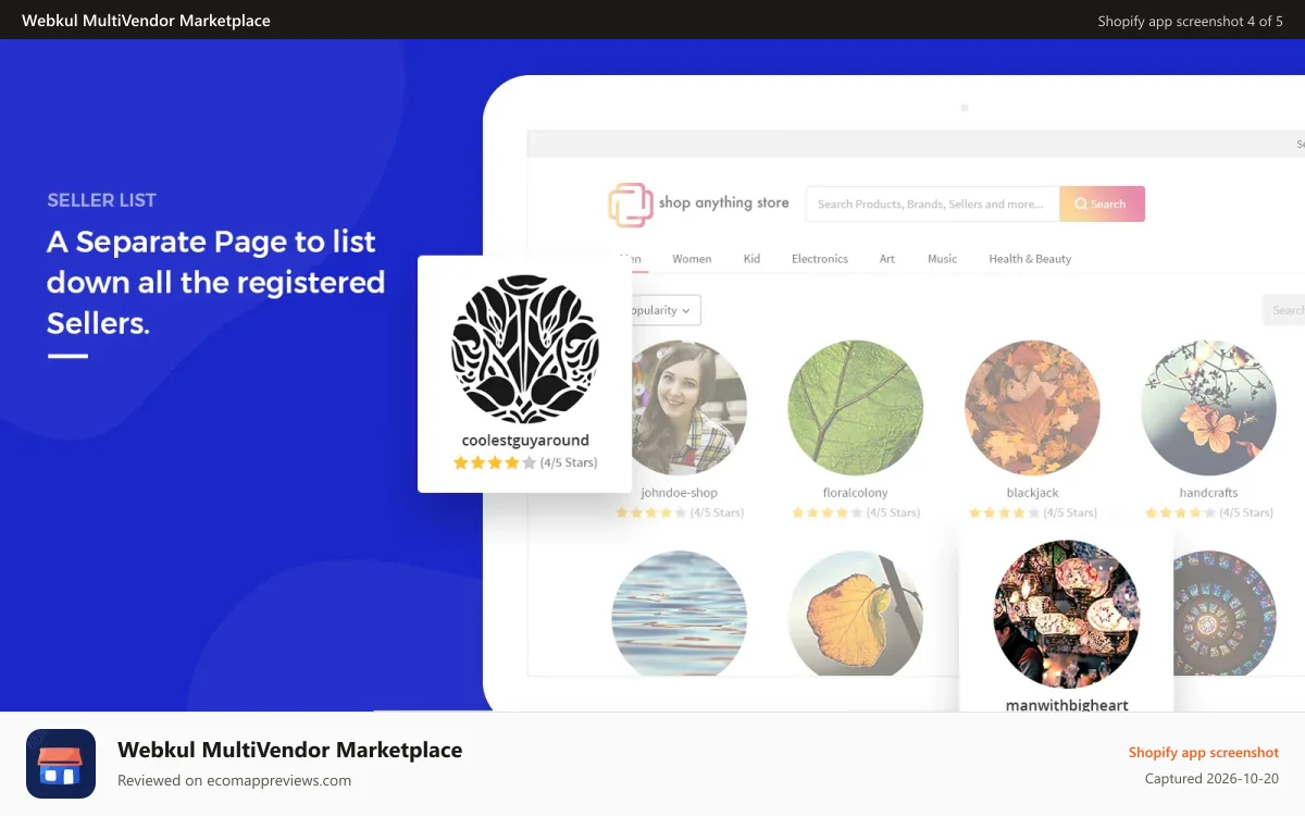 Webkul MultiVendor Marketplace Shopify app screenshot: seller list