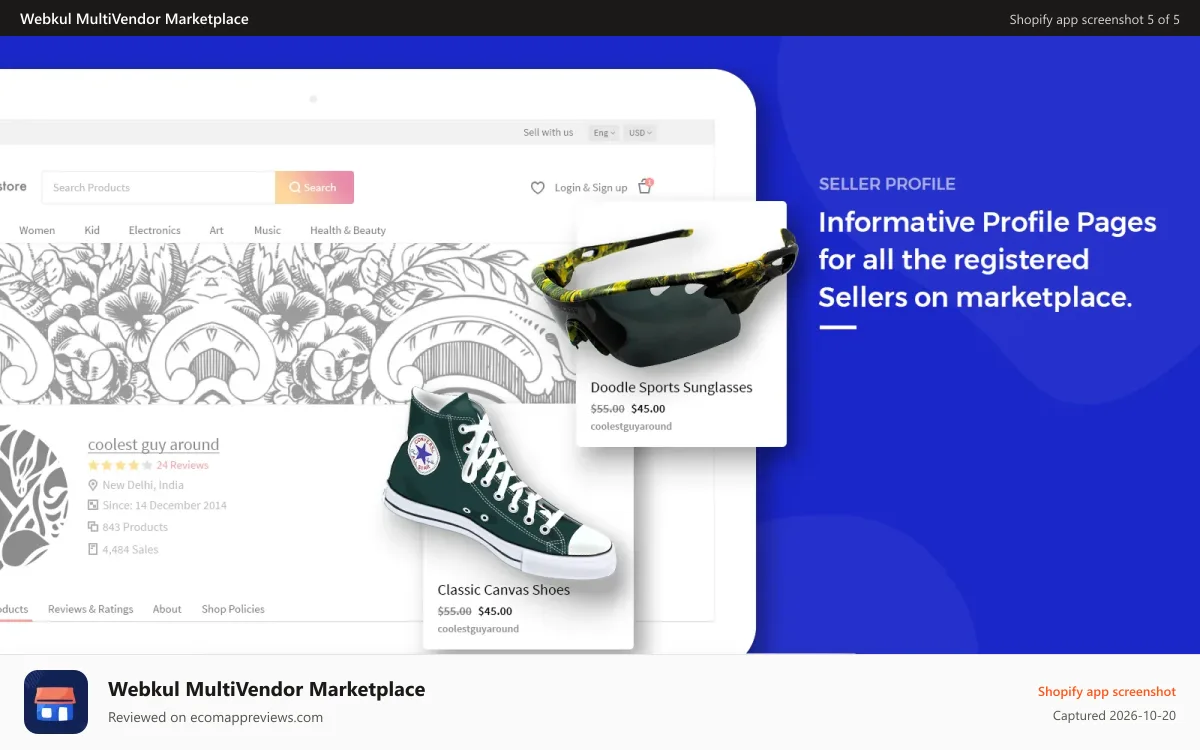 Webkul MultiVendor Marketplace Shopify app screenshot: seller profile page