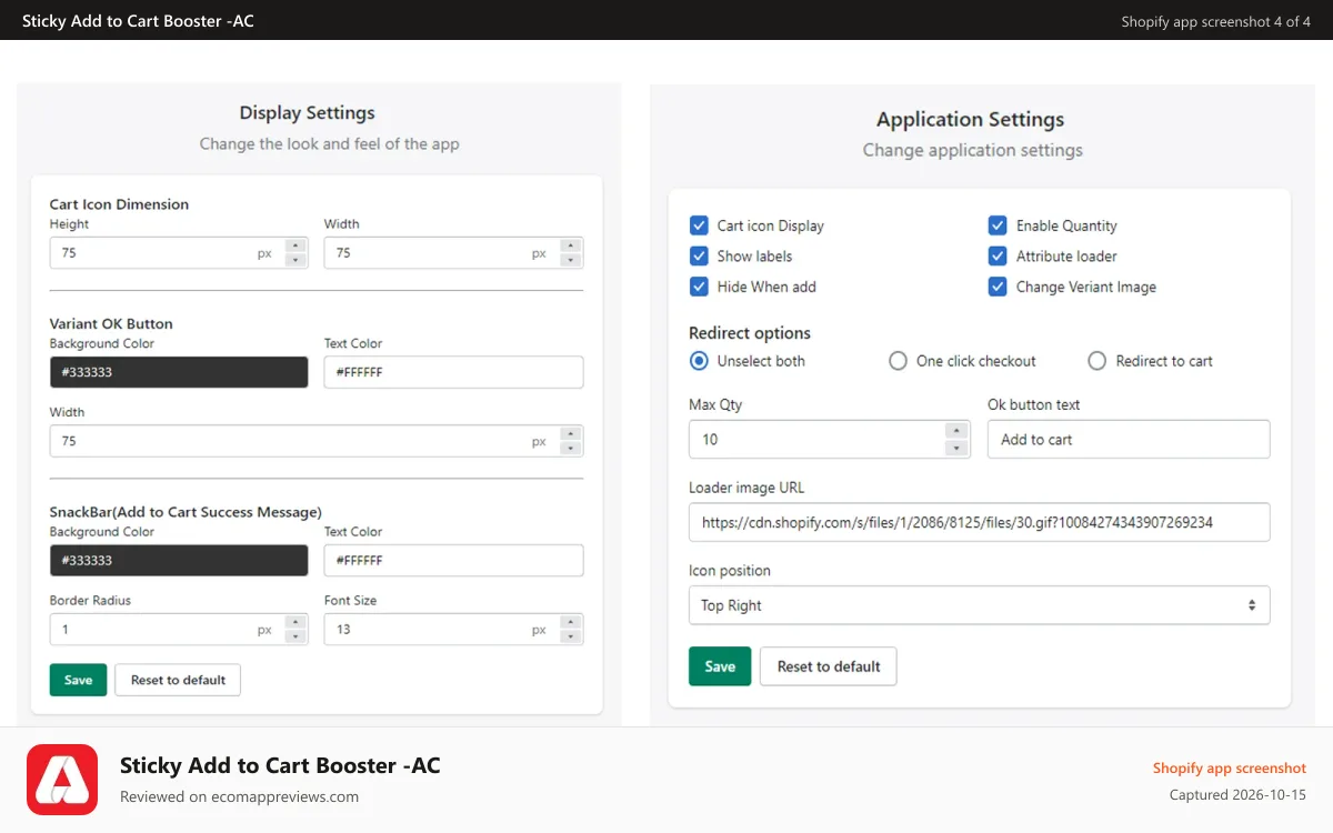 Sticky Add to Cart Booster ‑AC Shopify app screenshot: Settings