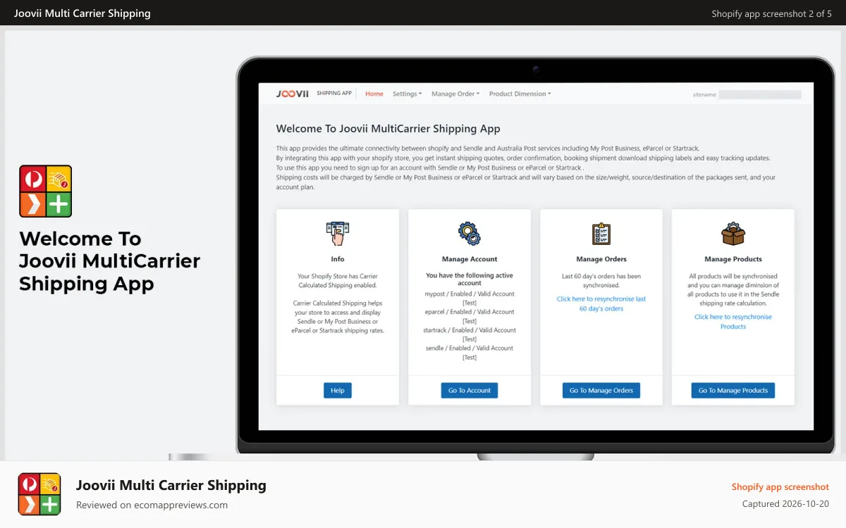 Joovii Multi Carrier Shipping Shopify app screenshot: Admin Home page