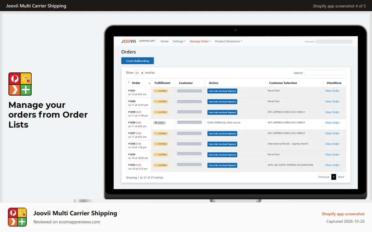 Joovii Multi Carrier Shipping Shopify app screenshot: Admin Order Booking Page