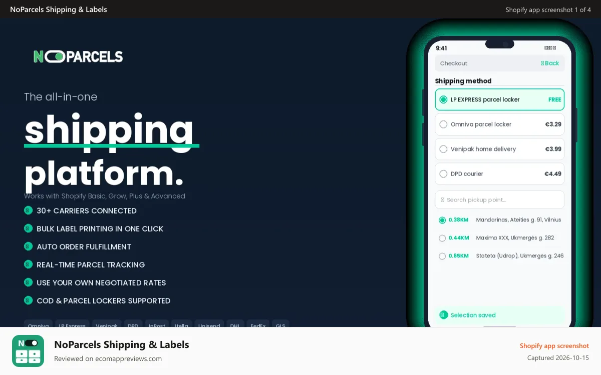 NoParcels Shipping & Labels Shopify app screenshot: NoParcels multi-carrier shipping platform dashboard