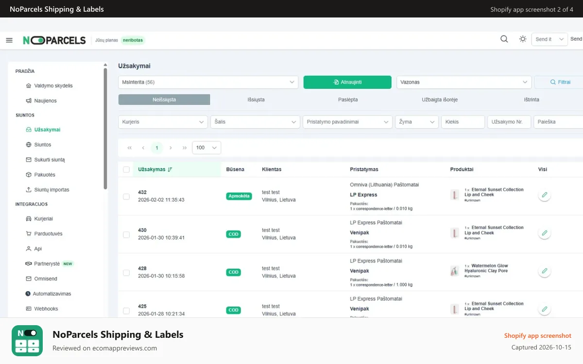 NoParcels Shipping & Labels Shopify app screenshot: Multi-carrier order shipping dashboard