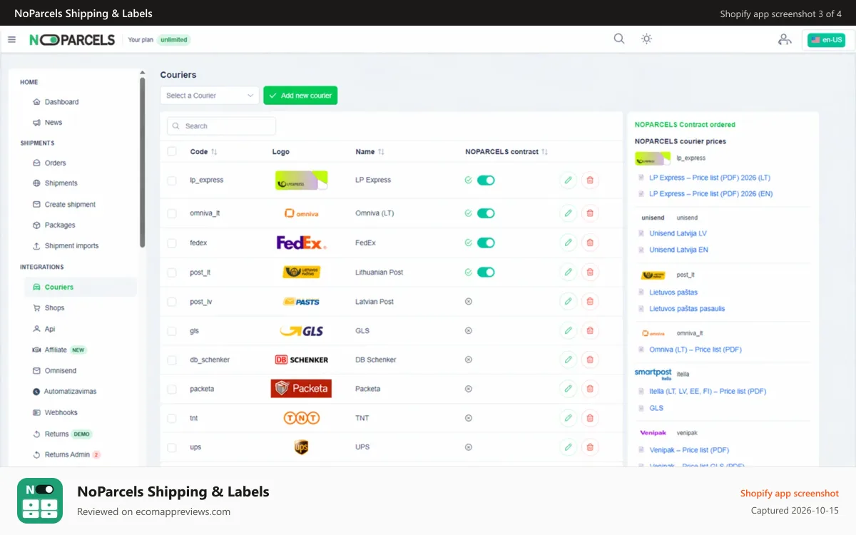NoParcels Shipping & Labels Shopify app screenshot: Sales channel integrations