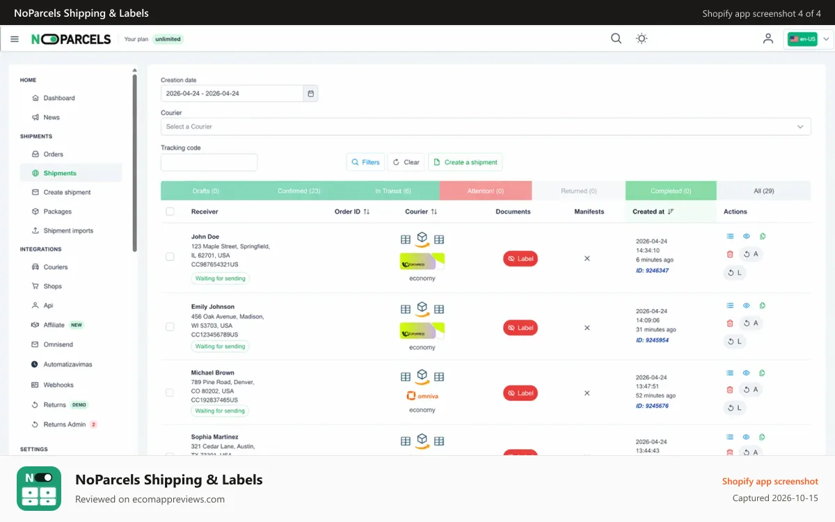 NoParcels Shipping & Labels Shopify app screenshot: Carrier and shop settings