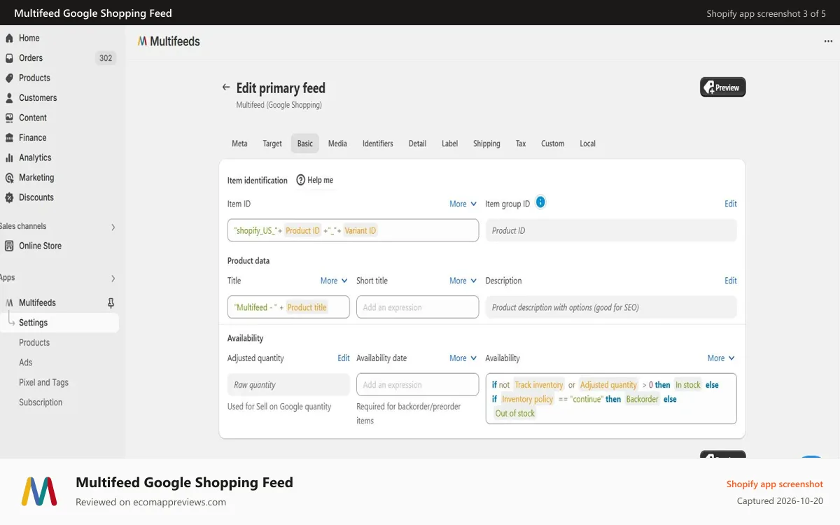 Multifeed Google Shopping Feed Shopify app screenshot: Customize all feed attributes with powerful expressions & rules