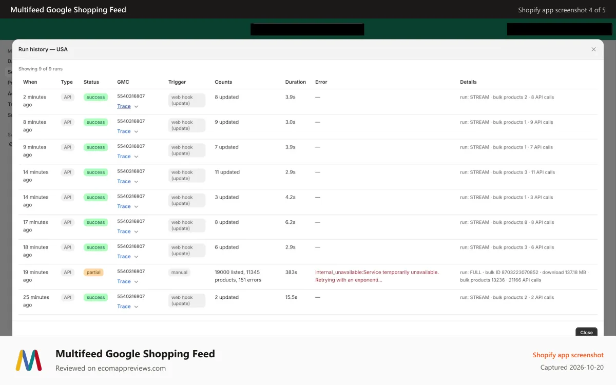 Multifeed Google Shopping Feed Shopify app screenshot: Multi schedule feed sync and detailed feed run reports