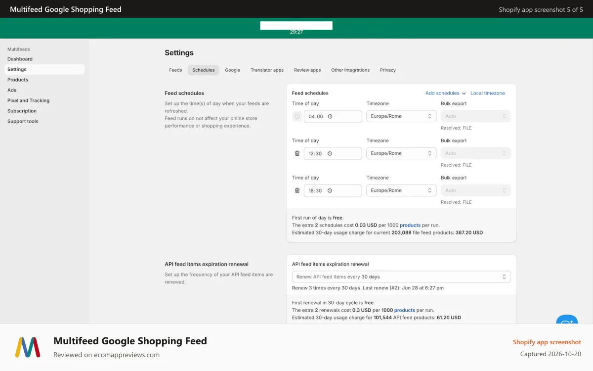 Multifeed Google Shopping Feed Shopify app screenshot: Schedule feed runs by time of day as frequently as needed