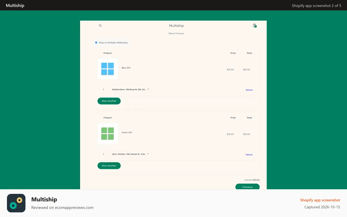 Multiship Shopify app screenshot: Add multiple shipping addresses during the order checkout