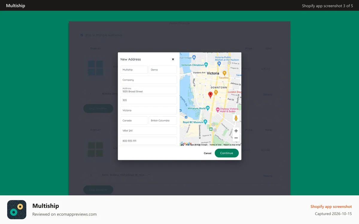 Multiship Shopify app screenshot: Enter in your address and use the Google autocomplete feature