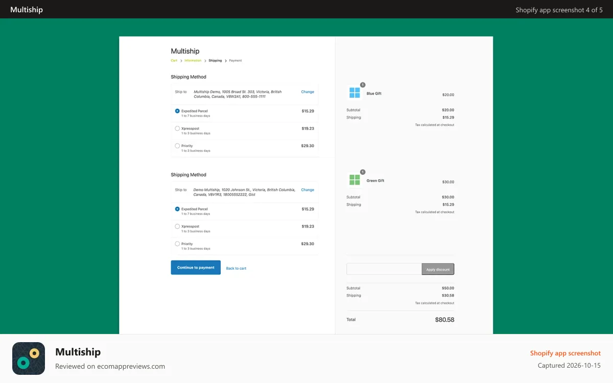 Multiship Shopify app screenshot: Choose a shipping rate per address that you are sending to