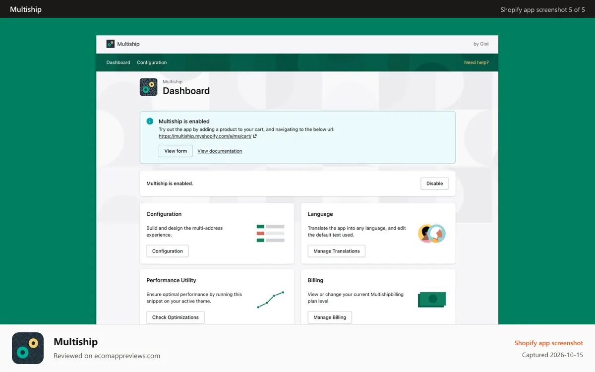 Multiship Shopify app screenshot: Multiship's dashboard allows for custom configuration of the app