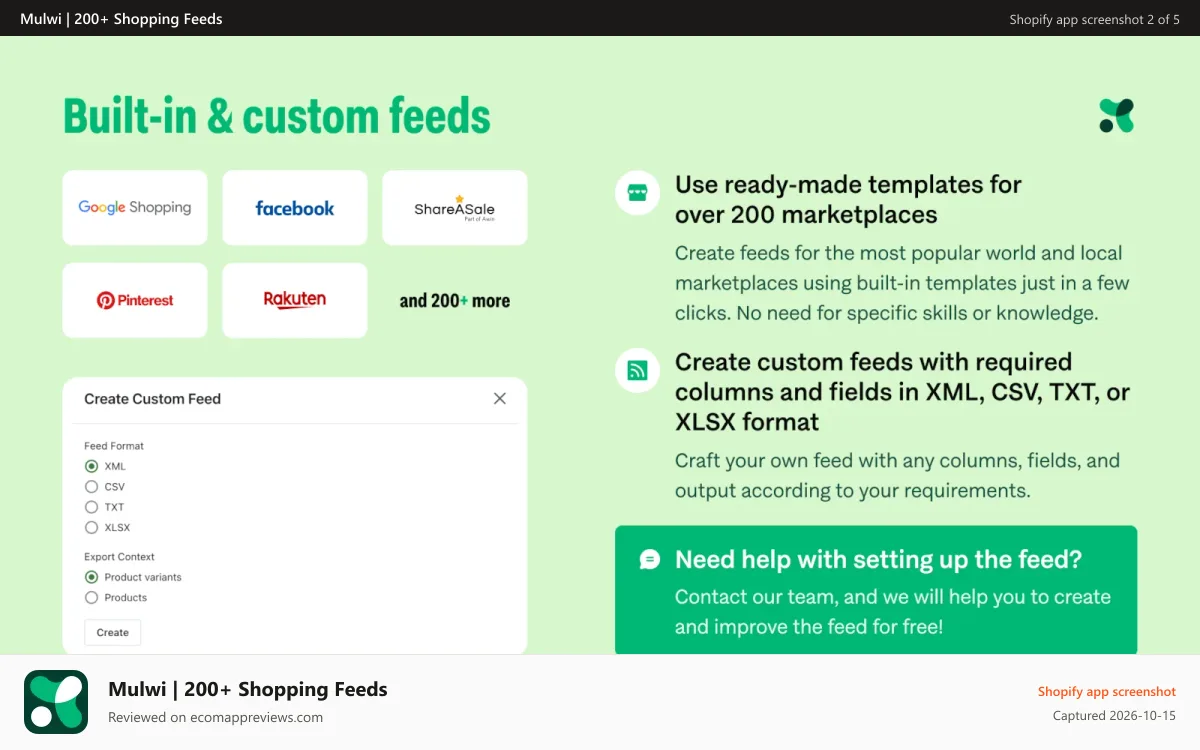 Mulwi | 200+ Shopping Feeds Shopify app screenshot: Built-in & custom feeds