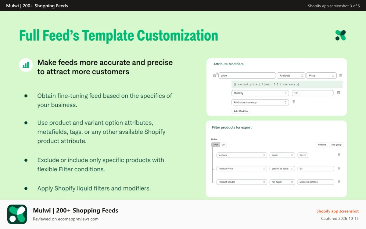 Mulwi | 200+ Shopping Feeds Shopify app screenshot: Full Feed’s Template Customization