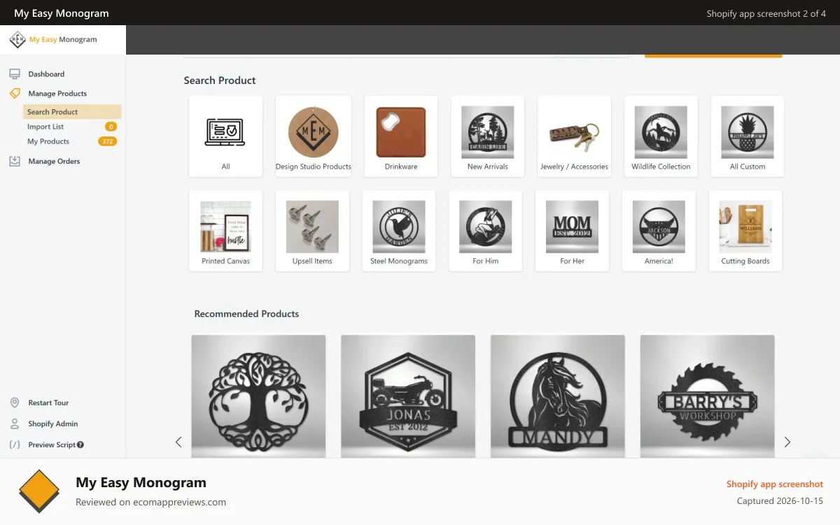 My Easy Monogram Shopify app screenshot: Select and import products with just two clicks!