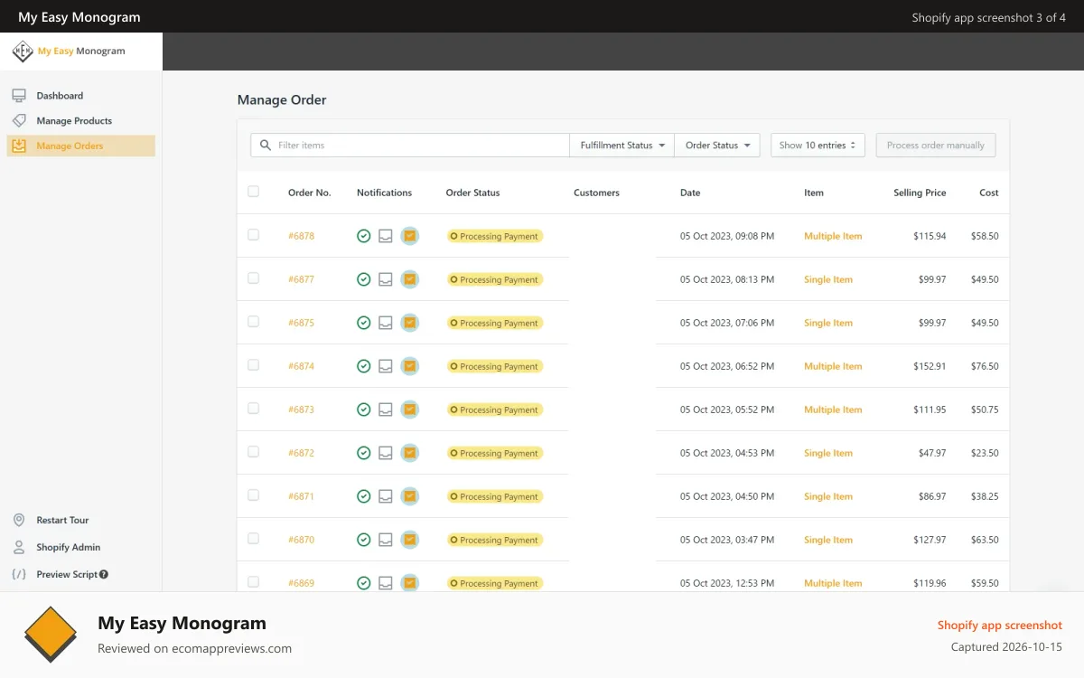 My Easy Monogram Shopify app screenshot: View and manage your orders