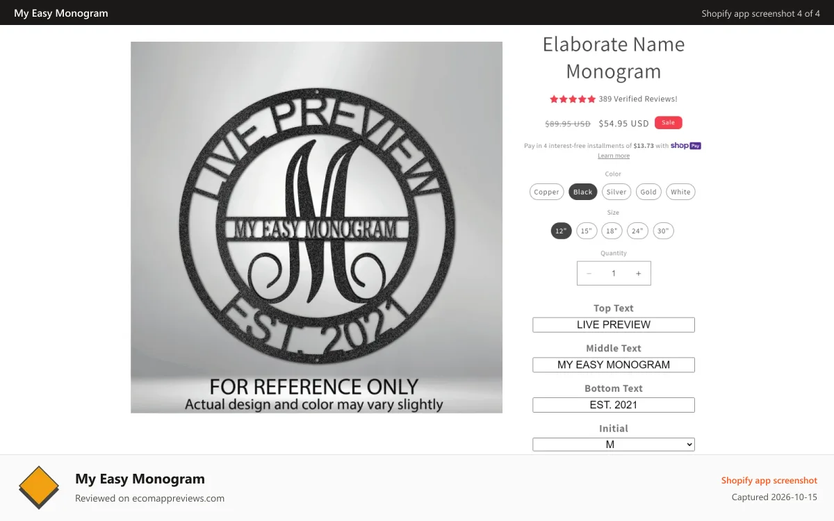 My Easy Monogram Shopify app screenshot: Automated Live Preview functionality on your store