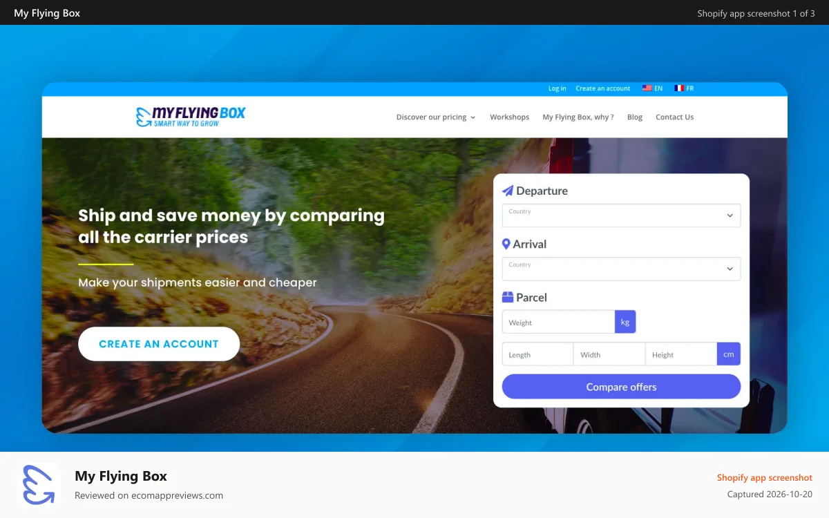 My Flying Box Shopify app screenshot: Home - Discover our shipping rates