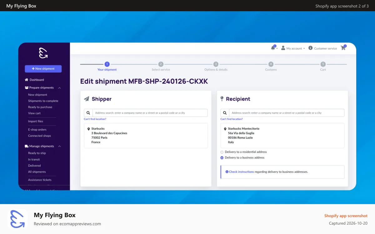 My Flying Box Shopify app screenshot: Make a shipment - Define shipment criteria