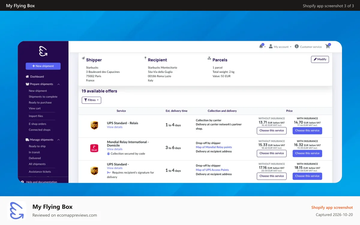 My Flying Box Shopify app screenshot: View shipping rates for all carriers