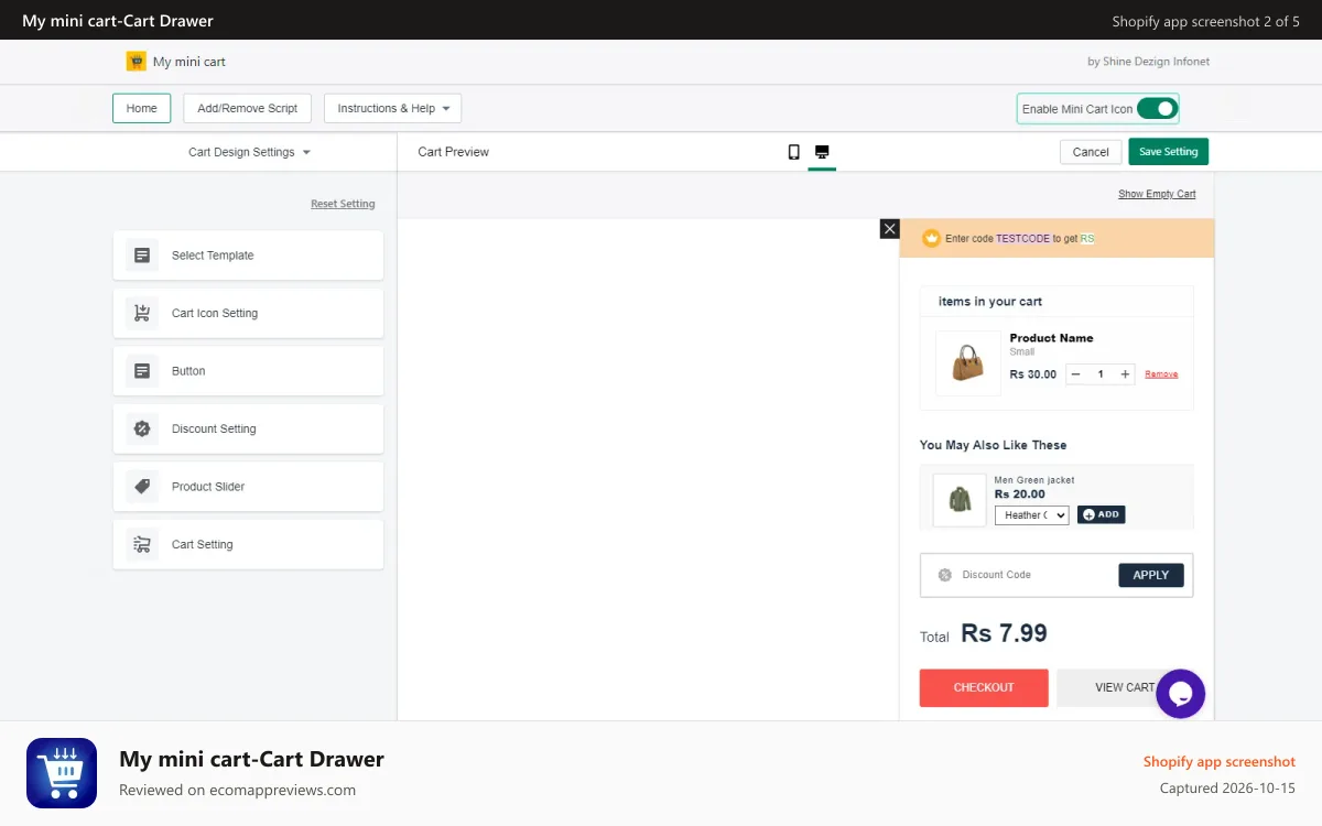 My mini cart‑Cart Drawer Shopify app screenshot: App admin area