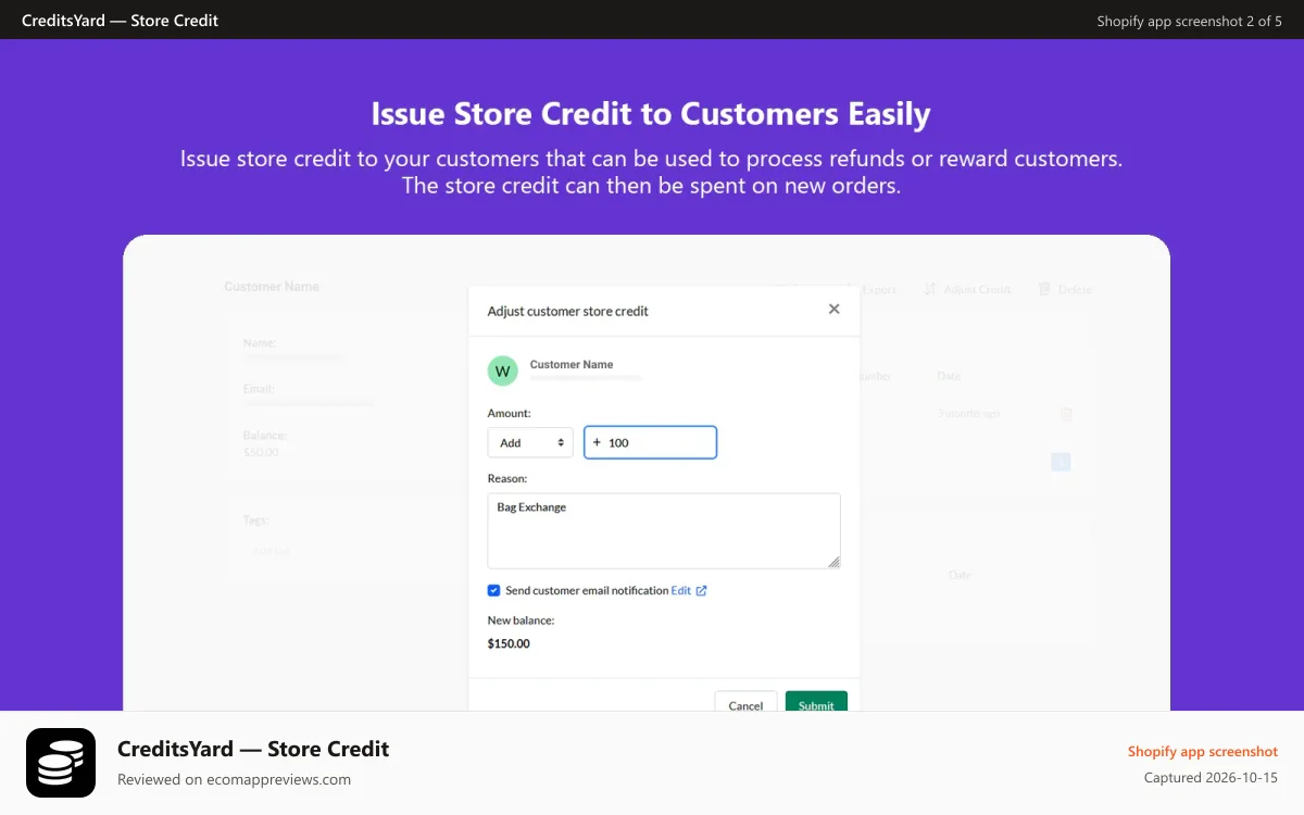 CreditsYard — Store Credit Shopify app screenshot: Adjust Store Credit