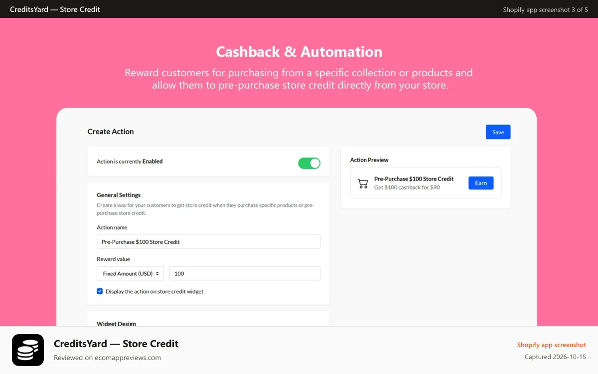 CreditsYard — Store Credit Shopify app screenshot: Cashback