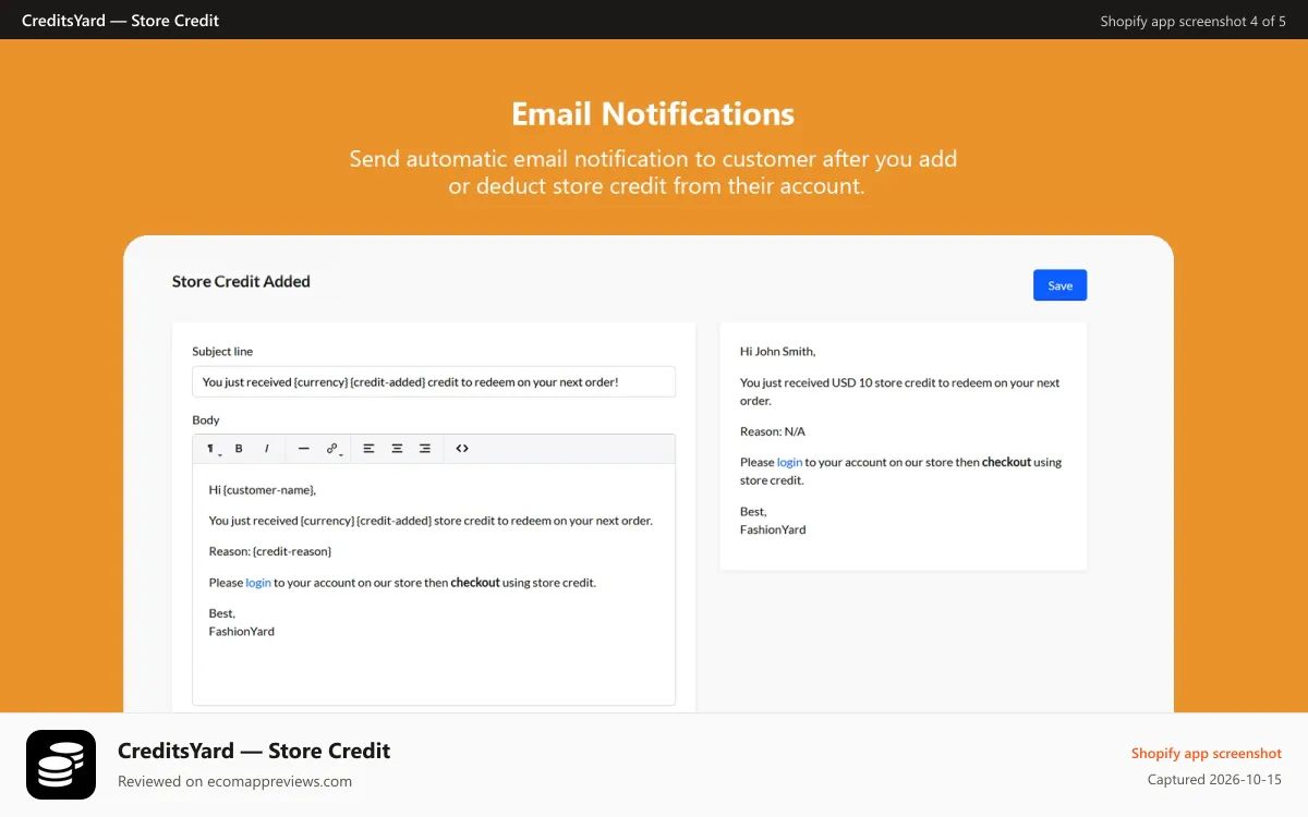 CreditsYard — Store Credit Shopify app screenshot: Email Notifications
