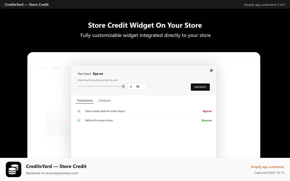 CreditsYard — Store Credit Shopify app screenshot: Widget Popup